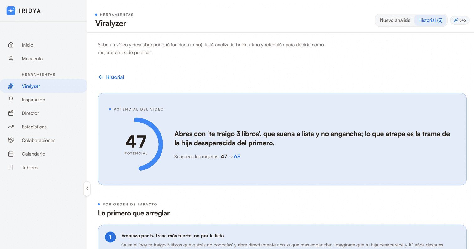 El Viralyzer de Iridya analizando un vídeo: puntuación de potencial y mejoras recomendadas.